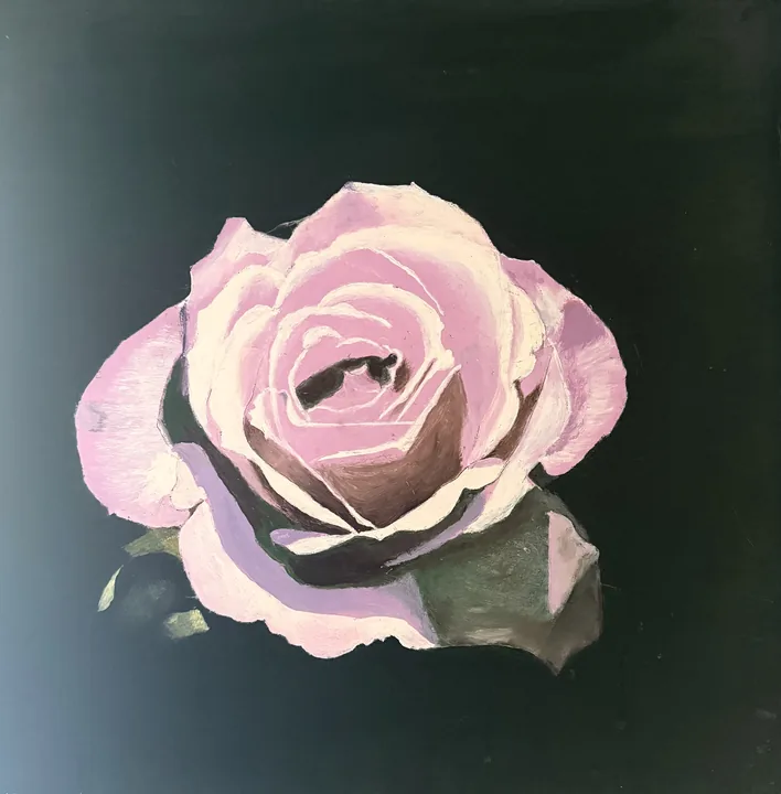 Painting by Expedito Carneiro da Silva, work 54. An open pink rose with leaves at its base on a dark green background.